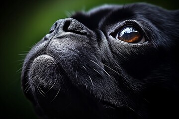 Close-up portrait of a black pug dog looking up.