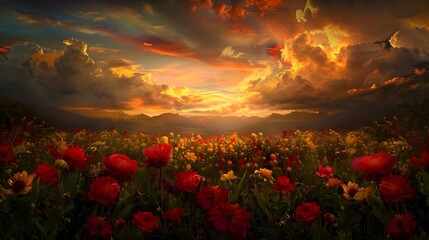 Mystical Sunset Blending Golden Light with Vibrant Floral Field