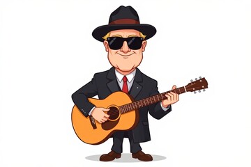 cartoon man in a suit and hat playing a guitar