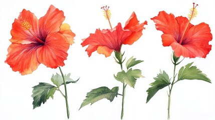 Watercolor illustrations of vibrant red hibiscus flowers in tropical style.

