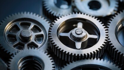  Close-up of interlocking metal gears representing teamwork and precision Close-up of interlocking metal gears representing teamwork and precision