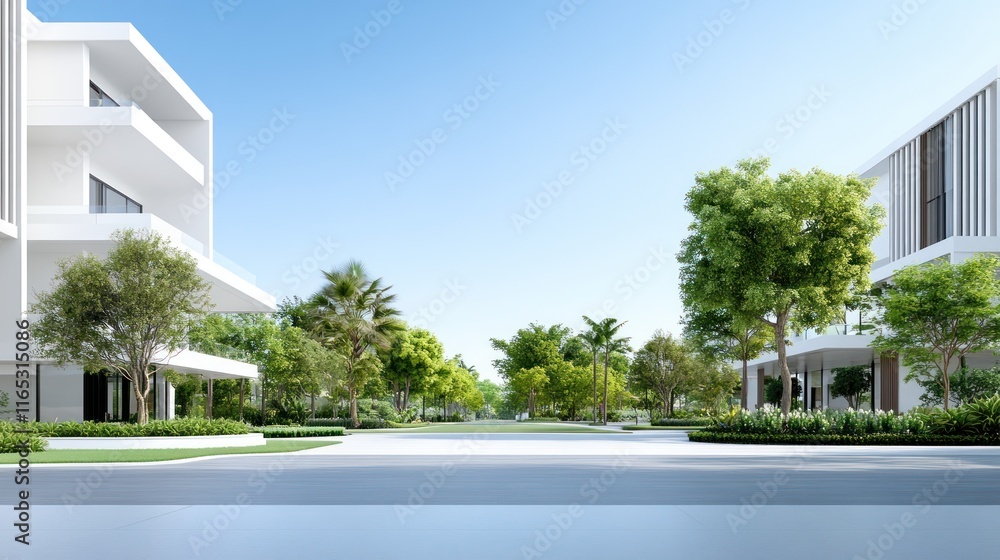 Poster Modern architectural landscape with greenery and open spaces.