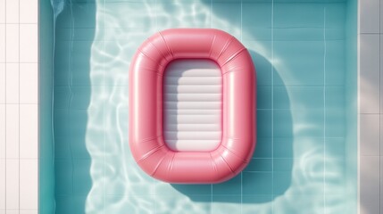 A swimming pool with a pink inflatable ring and air mattress floating on the water.

