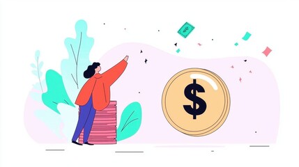 Obraz premium Person Reaching for Floating Money with Leaves and Colorful Shapes in a Minimalist Style Illustrating Financial Growth and Prosperity Concepts