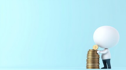 A character stacking coins, symbolizing financial growth and savings.