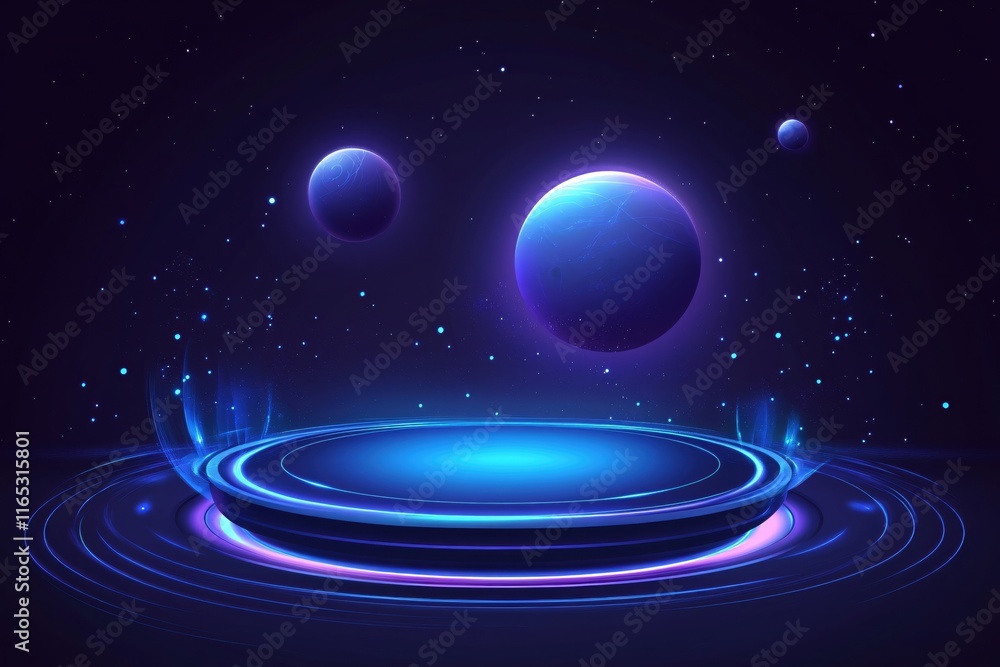 Poster futuristic abstract space scene with planets and colorful circular light effects