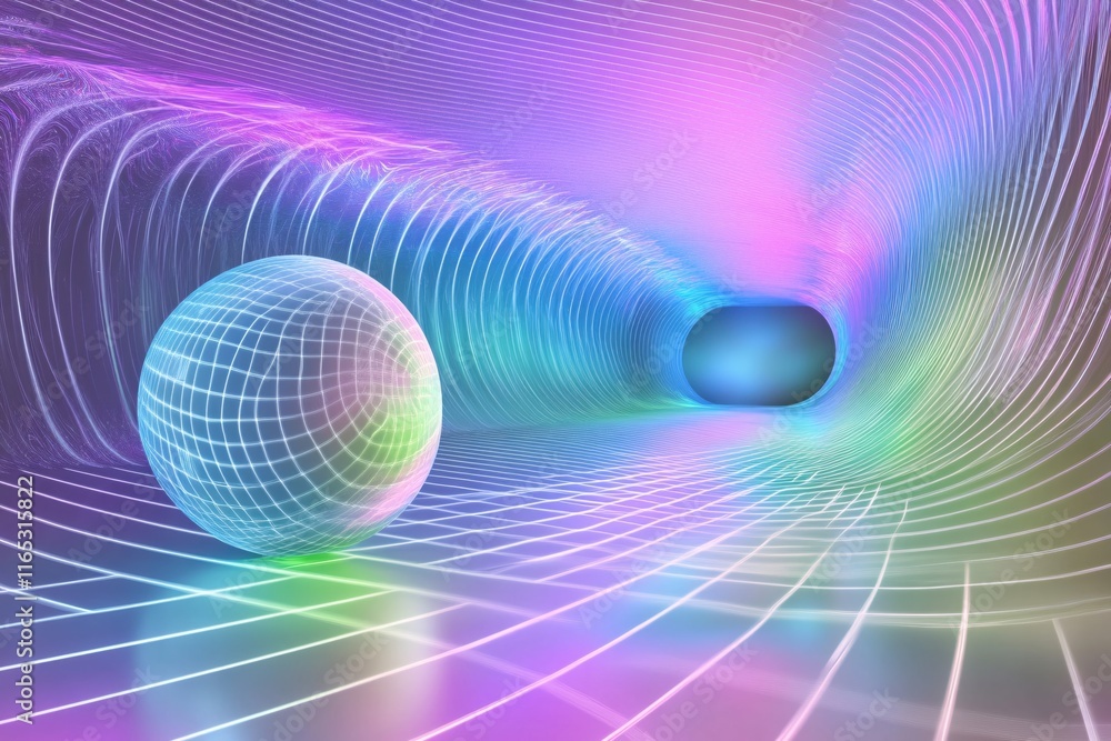 Poster abstract colorful tunnel with glowing sphere and grid pattern in futuristic design