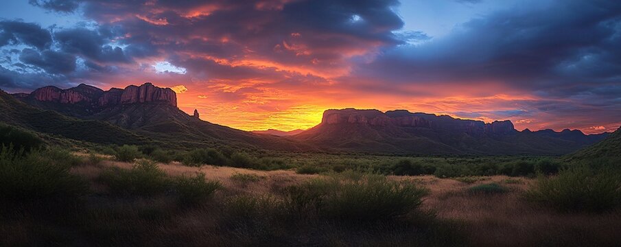 Vibrant sunset illuminating the dramatic landscape of the chisos mountains in big bend national park