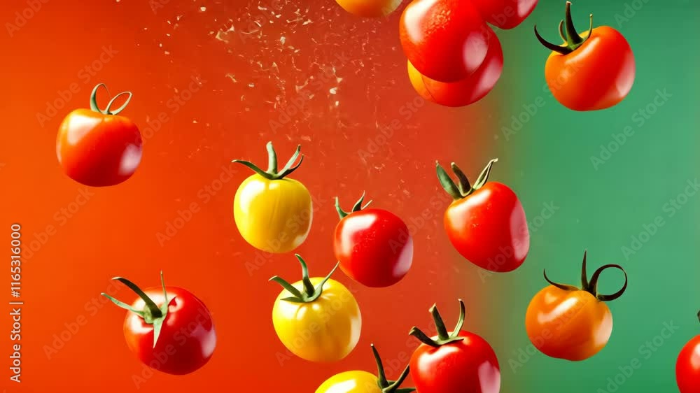 Poster bunch of tomatoes are floating in the air above a red and green background. the tomatoes are in vari