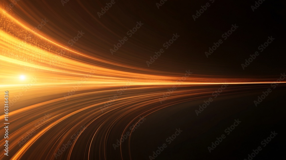 Poster golden light trails flowing on a curved path in the dark