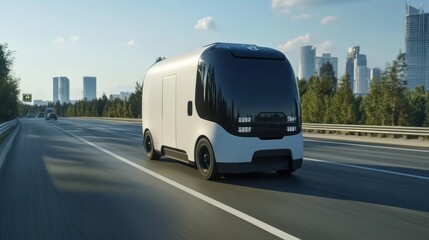 Obraz premium A sleek, white delivery van speeding along a motorway.