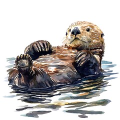 Watercolor painting of a sea otter floating on its back in the water.