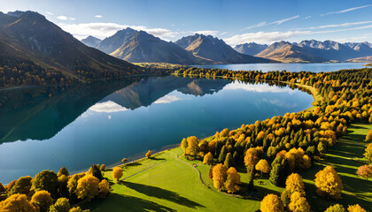 Lac alpin entour&eacute; de feuillage d'automne
