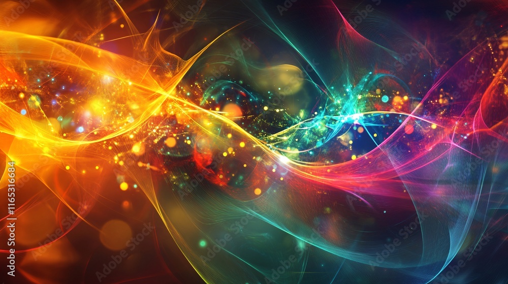 Poster Colorful abstract waves flowing through space with sparkling particles