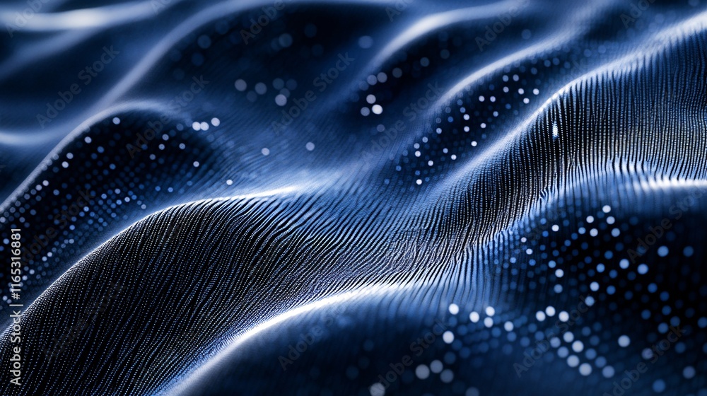 Poster abstract blue particles wave flowing under light beams in digital cyberspace