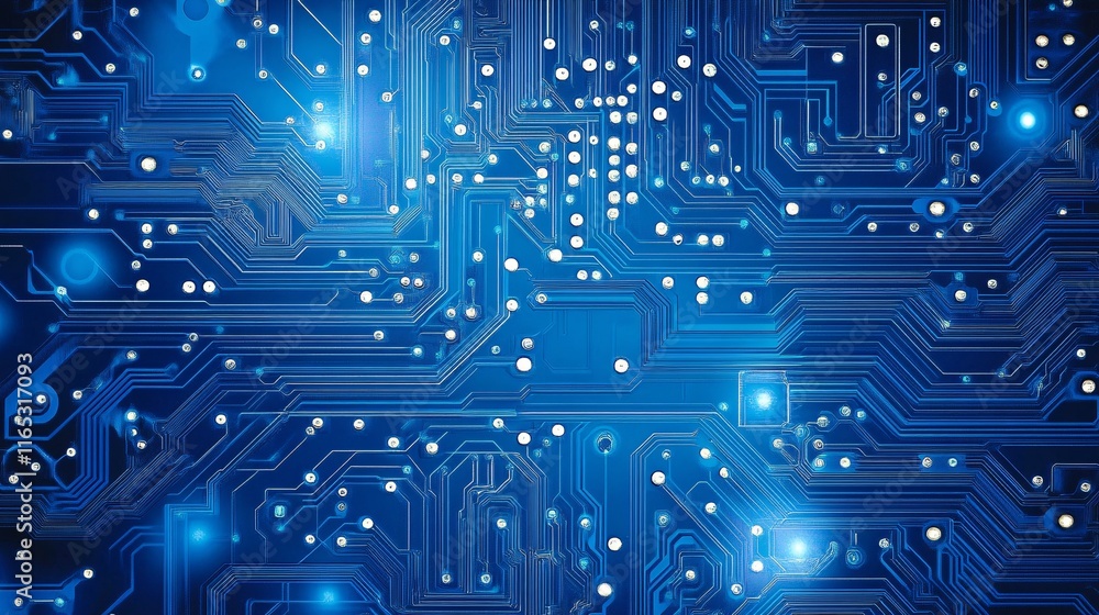 Poster Futuristic printed circuit board showing data flowing through electronic components