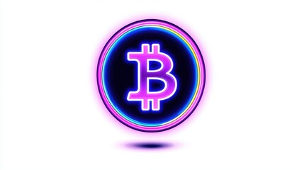 Fototapeta premium Neon Bitcoin Symbol with Colorful Glowing Effect on Dark Background Representing Cryptocurrency Innovation and Digital Finance Concepts for Stock Photography Use