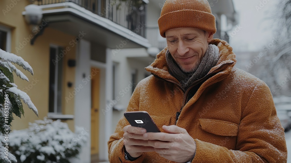 Poster man in winter attire using a smartphone in the snow.