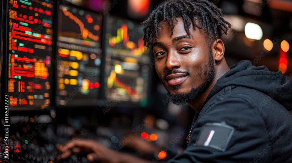 Poster young man working with financial data on multiple screens.