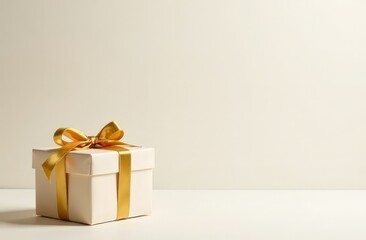 Single gift box with golden ribbon and blank off-white background