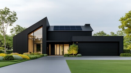 Modern black house with solar panels and landscaped surroundings.