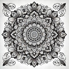 Intricate Black and White Floral Mandala Design | Symmetrical Mehndi-Inspired Art | Detailed Geometric Patterns for Coloring Books and Tattoos