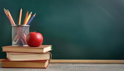  apple on books with pencils and empty blackboard