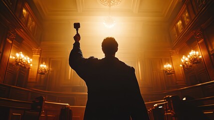 Judge raising a gavel in a grand courtroom, intense lighting and high detail
