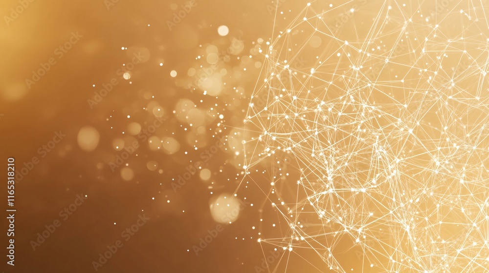 Poster Golden network expanding and connecting with bokeh lights background