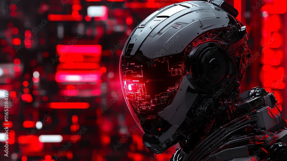 Poster Futuristic robot wearing helmet with red lighting in technological environment