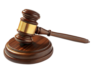 Wooden judge gavel on sound block - Close-up of a wooden judge's gavel with a gold band resting on a sound block, symbolizing law, justice, and authority.