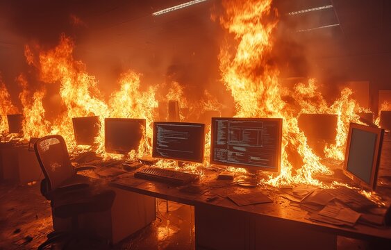 An office building on fire, with several computers on fire, producing a dramatic and powerful sight of chaos and devastation.