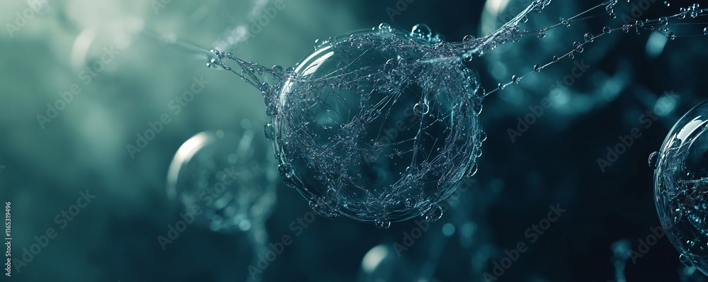 Poster Transparent bubbles floating and connecting, creating a network in a dark atmosphere