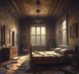 Illustration of abandoned house interior.