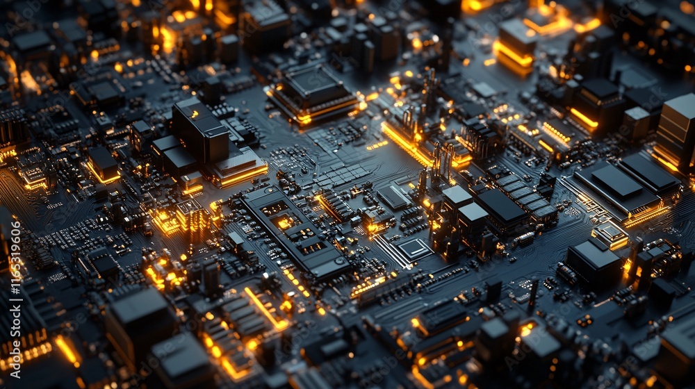 Poster futuristic circuit board pulsating with golden energy flows