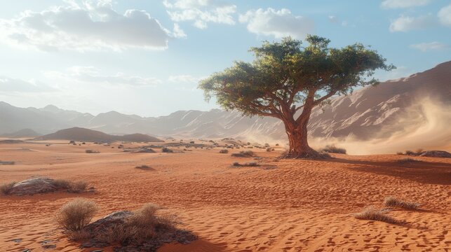 Lone Desert Tree Sandstorm Mountain Landscape Nature Photography