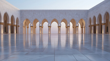 Serene Mosque Courtyard at Dusk with Illuminated Arches and Shadows