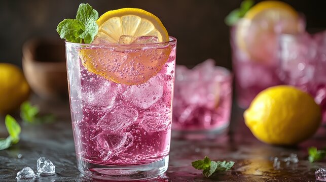 Refreshing pink drink with ice, lemon slice, and mint garnish.