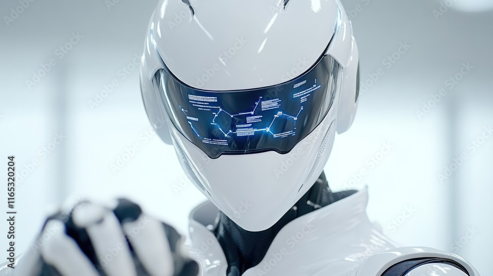 Poster futuristic robot with a high-tech visor in a sleek environment.