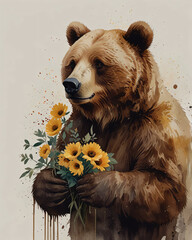 An illustration of a bear with yellow flowers around it.