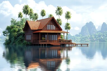 Fototapeta premium Tranquil Wooden House on a Tropical Lake with Palm Trees and Mountains in the Background.