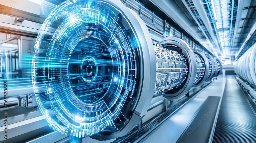 Aufkleber Quantum computing processing data in futuristic server room with hud interface