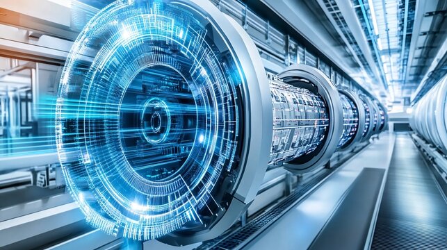 Quantum computing processing data in futuristic server room with hud interface