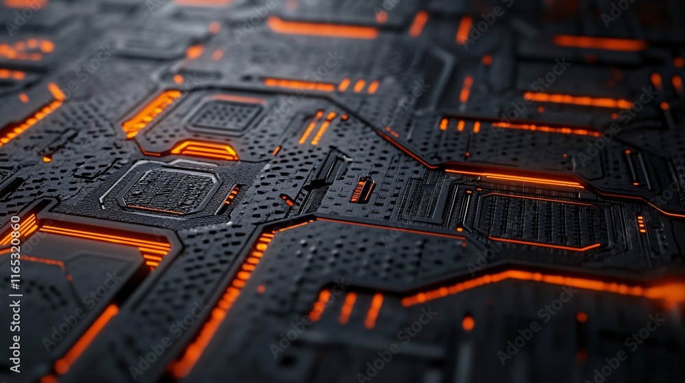 Poster futuristic circuit board glowing with orange light: complex technology background
