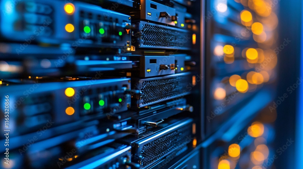 Poster Server rack communicating in modern data center with blinking lights