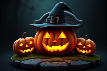 there are three pumpkins with faces carved into them sitting on a rock