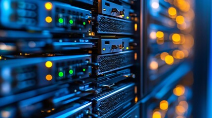 Server rack communicating in modern data center with blinking lights