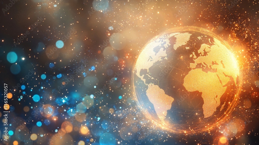 Poster Golden earth rotating in sparkling space with network connections