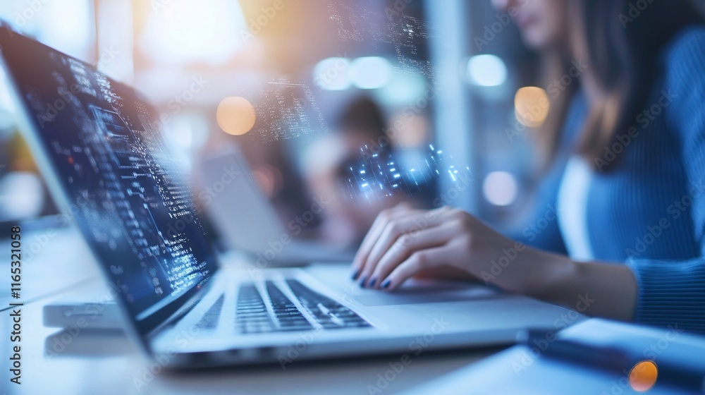 Poster Software engineer programming on laptop, developing innovative digital solution