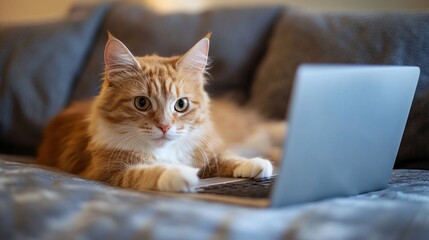 Ginger cat using laptop computer on sofa